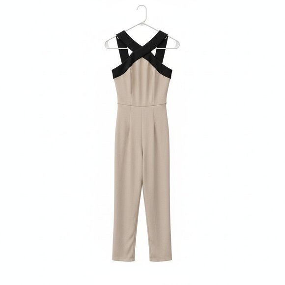 KOH KOH Colorblock Criss-Cross Halter Neck Sleeveless Jumpsuit Beige & Black S - Picture 4 of 6